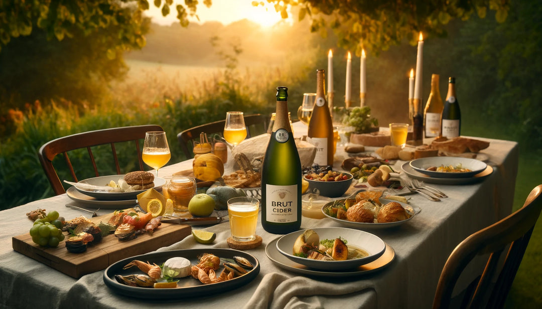 le cidre Brut et son intégration dans la gastronomie et les moments uniques. Cette scène capture un cadre de dîner élégant qui souligne la polyvalence et la présence enrichissante du cidre Brut dans les explorations culinaires et les expériences partagées