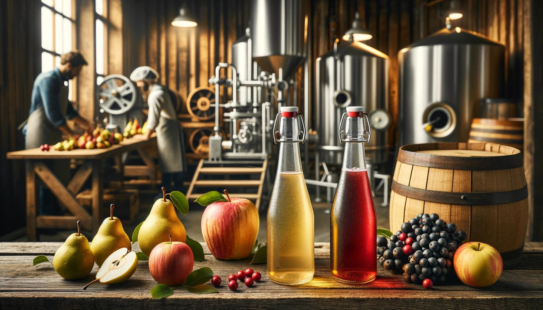 une de cidre de poire jaune limpide et une de cidre d'aronia rouge sang limpide. À côté des bouteilles, il y a des poires, des pommes et des baies d'aronia sur la table