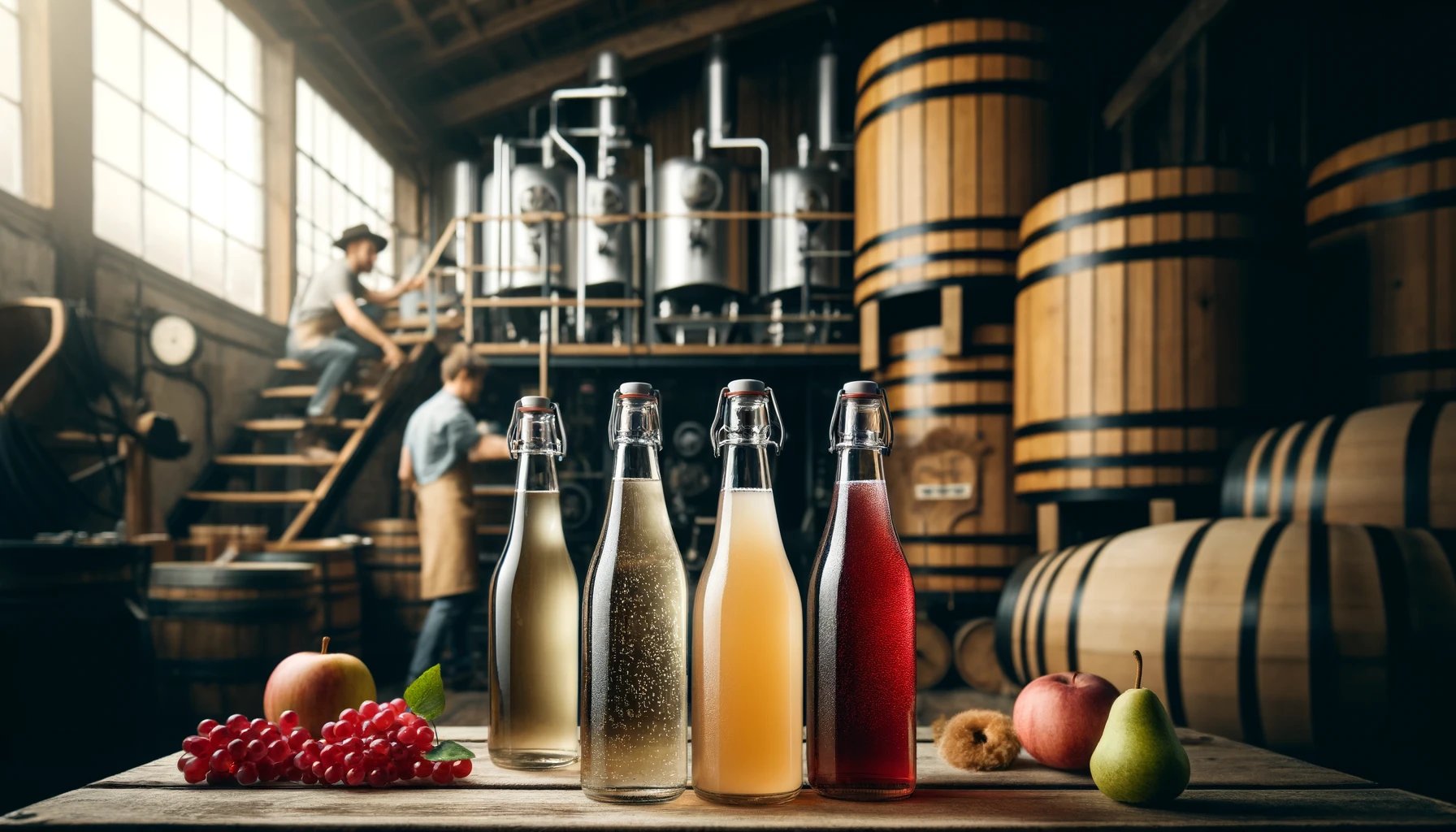 un gros plan sur des bouteilles de cidre sans étiquettes dans une cidrerie artisanale en bois avec des équipements modernes.